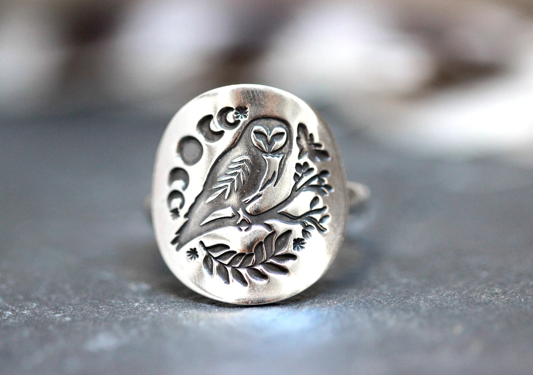Sterling Silver Owl Ring Barn Owl Statement Ring Celestial Ring ...