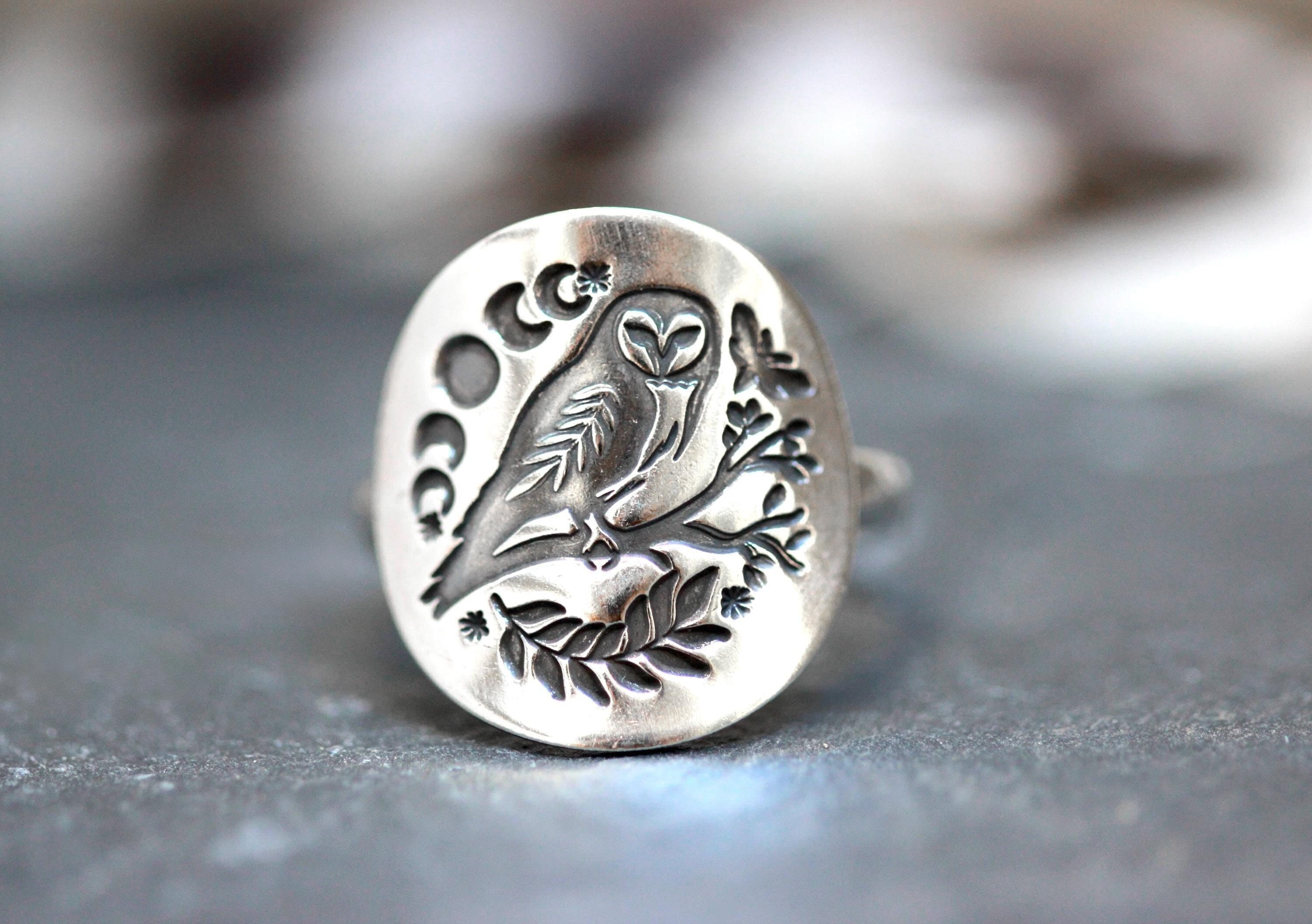 Sterling Silver Owl Ring Barn Owl Statement Ring Celestial Ring Moonphases Ring Luna Moth Ring Fores