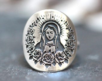 Virgin Mary Ring - Sterling Silver  Catholic Jewelry - Mother Mary Ring with Roses