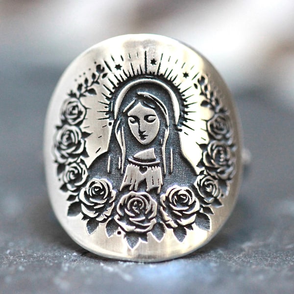 Virgin Mary Ring - Sterling Silver  Catholic Jewelry - Mother Mary Ring with Roses