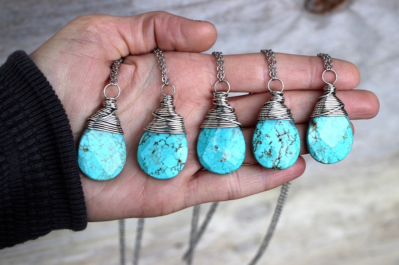 Long Turquoise Necklace Long Layering Necklace Large Stone Necklace Silver Turquoise Magnesite Necklace Turquoise Pendant Necklace