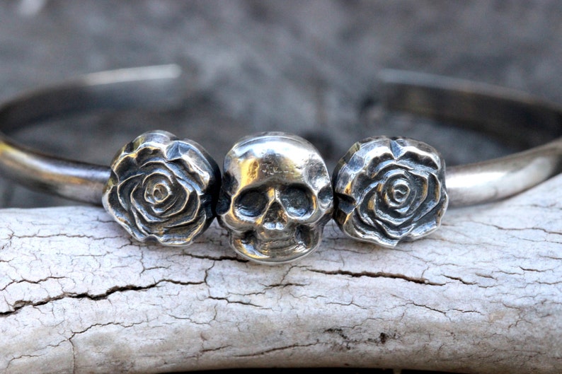 Silver Skull Bracelet Sterling Silver Cuff Bracelet Punk Jewelry Silver Skull Jewelry Skull and Roses Bracelet Skull & Roses Gothic Jewelry image 2