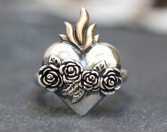 Sterling Silver Sacred Heart Ring Immaculate Heart of Mary Ring Sacred Burning Heart Flaming Heart with Roses Catholic Ring Catholic Jewelry