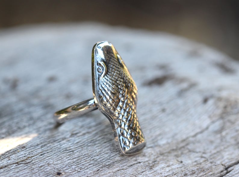 May include: A silver ring featuring a snake head design. The snake's scales are detailed and the head is facing forward.