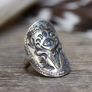 Sterling Silver Deer Ring Shield Ring Evil Eye Ring Deer Skull Ring Silver Moon Phase Ring Celestial Ring Silver Antlers Ring Witch Ring image 4