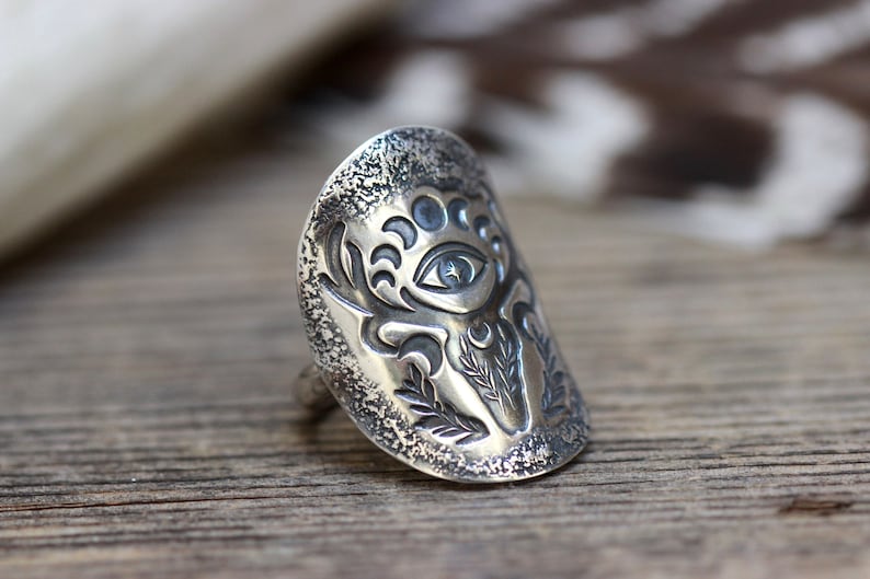 Sterling Silver Deer Ring Shield Ring Evil Eye Ring Deer Skull Ring Silver Moon Phase Ring Celestial Ring Silver Antlers Ring Witch Ring image 4