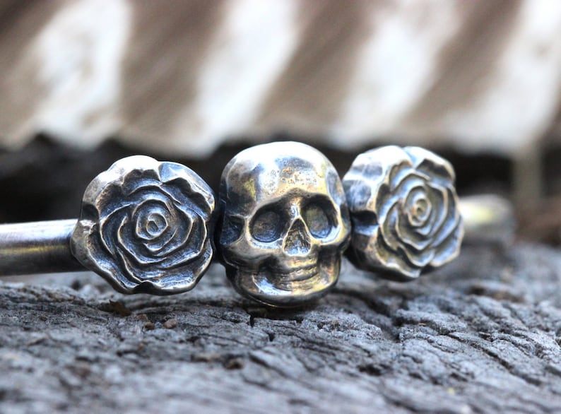 Silver Skull Bracelet Sterling Silver Cuff Bracelet Punk Jewelry Silver Skull Jewelry Skull and Roses Bracelet Skull & Roses Gothic Jewelry image 1