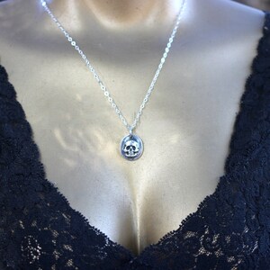 May include: A silver necklace featuring a small, detailed skull pendant. The skull is set within an oval frame and hangs from a delicate chain. The necklace is displayed against a dark, lacy garment, creating a striking contrast. The jewelry is a gothic or alternative style.