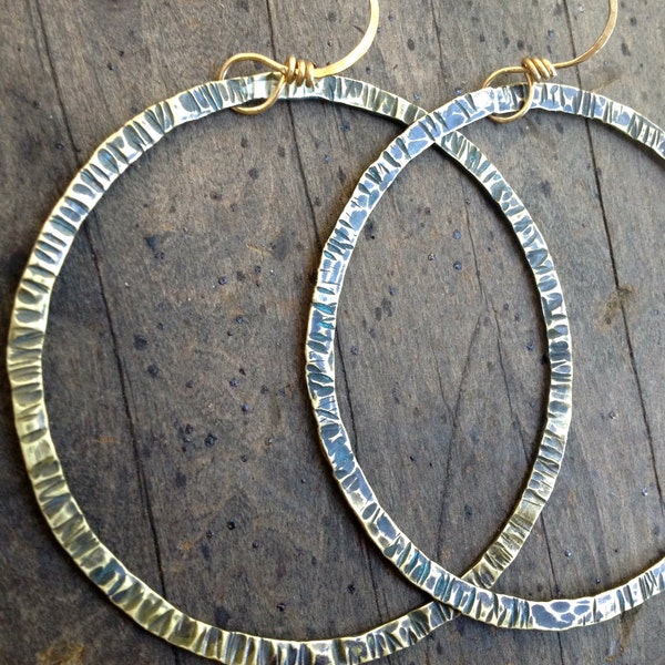 Big Hoop Earrings, Boho Statement Earrings, Hammered Brass Hoops, Bohemian Earrings