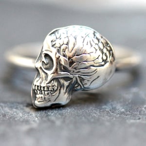 May include: A silver ring featuring a detailed skull design. The skull's cranium is intricately sculpted to show the brain's surface. The ring's band is smooth and simple, contrasting with the skull's textured surface. The ring is set against a blurred background.