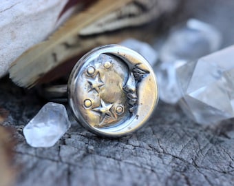 Silver Moon Ring Moon Jewelry Celestial Jewelry Sterling Silver Moon Face Ring Crescent Moon Ring Moon and Stars Ring