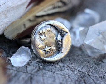 Silver Moon Ring Moon Jewelry Celestial Jewelry Sterling Silver Moon Face Ring Crescent Moon Ring Moon and Stars Ring