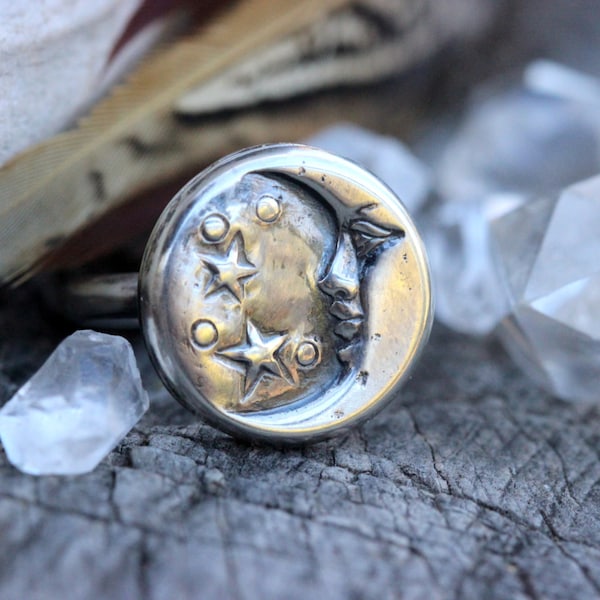 Silver Moon Ring Moon Jewelry Celestial Jewelry Sterling Silver Moon Face Ring Crescent Moon Ring Moon and Stars Ring