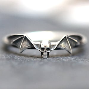May include: A silver ring with a skull and bat wings design.