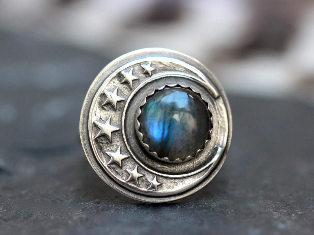 Silver Moon Rings Sterling Silver Moon Ring Moon and Stars Ring Labradorite Ring ...