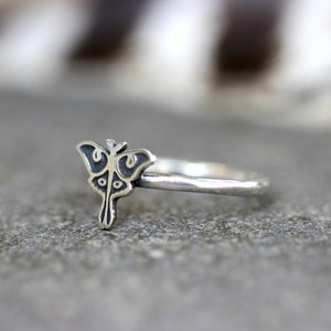 May include: A silver ring with a detailed, engraved moth design. The moth is facing forward with its wings spread out.