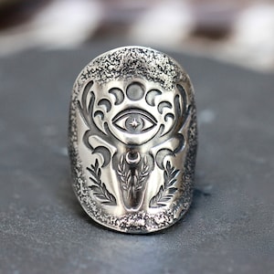 Sterling Silver Deer Ring Shield Ring Evil Eye Ring Deer Skull Ring Silver Moon Phase Ring Celestial Ring Silver Antlers Ring Witch Ring image 6