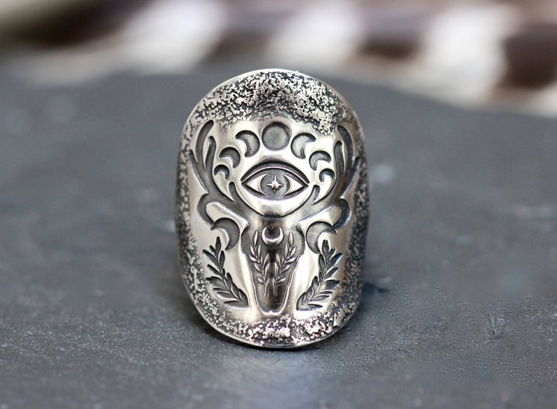Sterling Silver Deer Ring Shield Ring Evil Eye Ring Deer Skull Ring Silver Moon Phase Ring Celestial Ring Silver Antlers Ring Witch Ring image 6