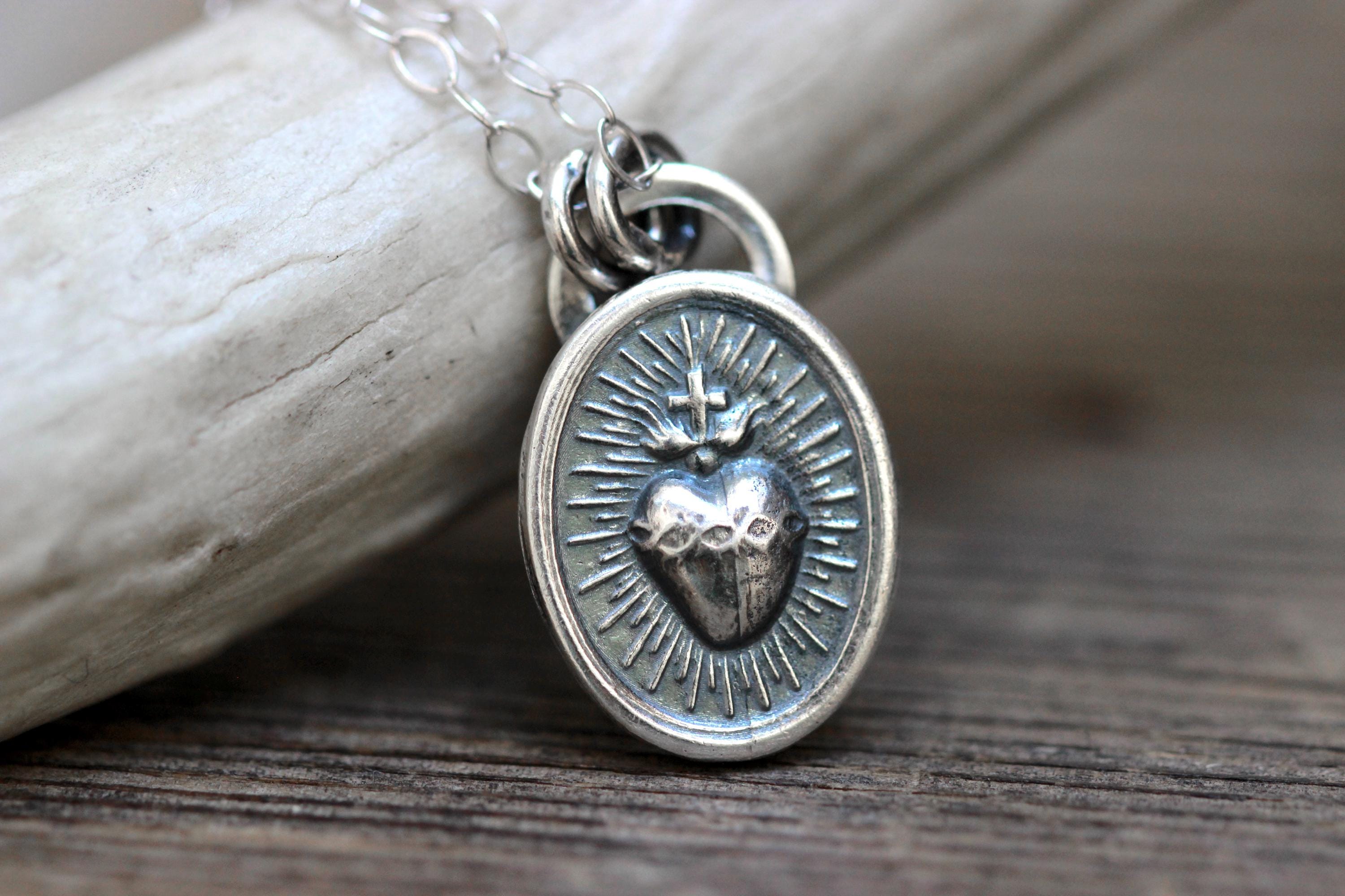 Sacred Heart Necklace Sterling Silver Sacred Heart of Jesus Catholic ...