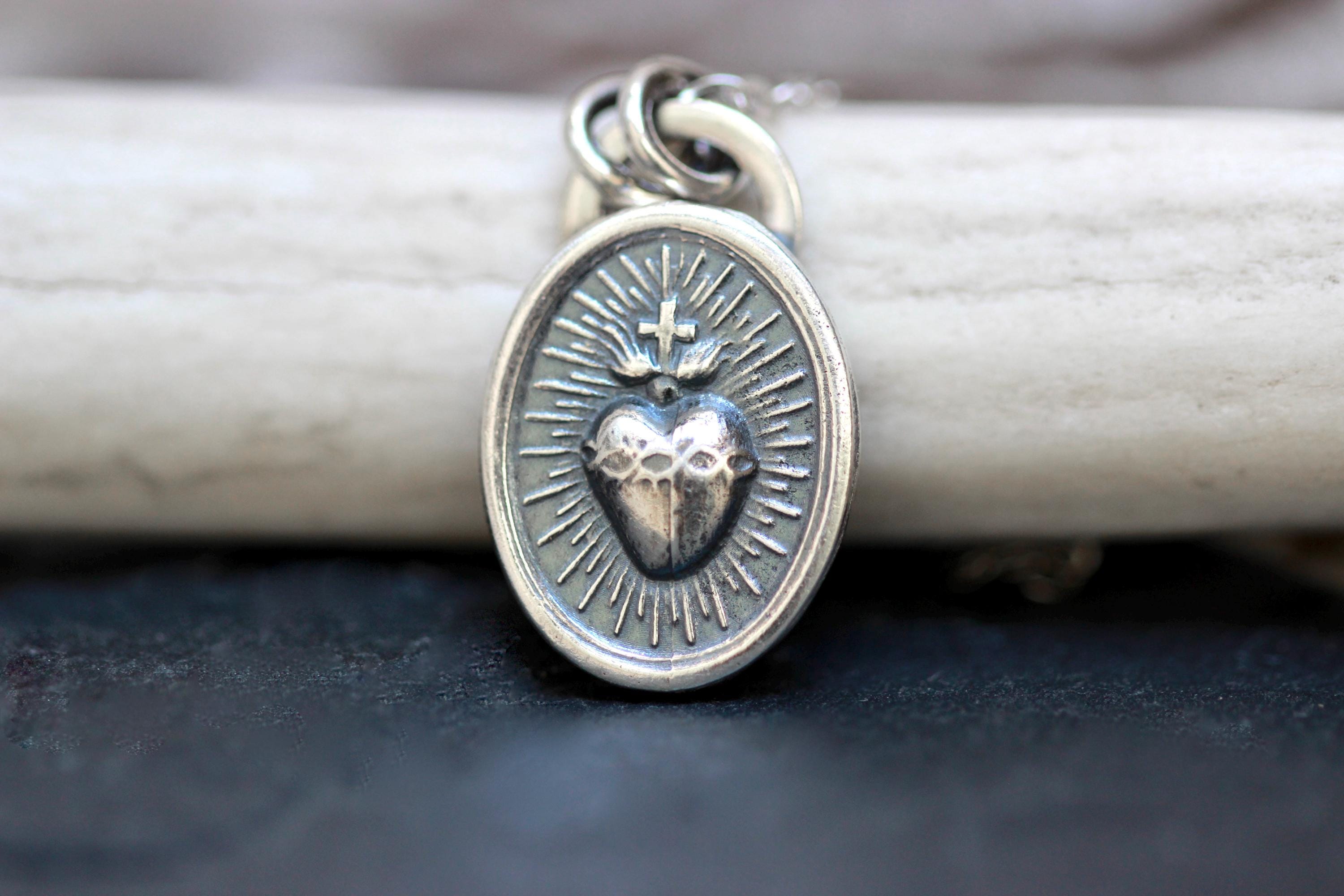 Sacred Heart Necklace Sterling Silver Sacred Heart of Jesus Catholic ...