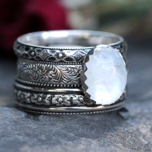 Rainbow Moonstone Ring, Moonstone Ring Set, Sterling Silver Moonstone Ring image 4