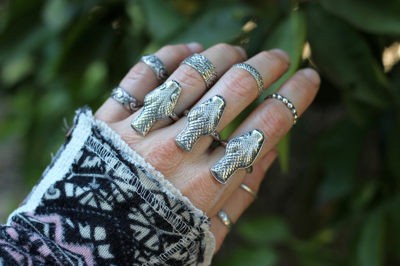 May include: A hand wearing multiple silver rings, including three snake-shaped rings. The rings are worn on different fingers.