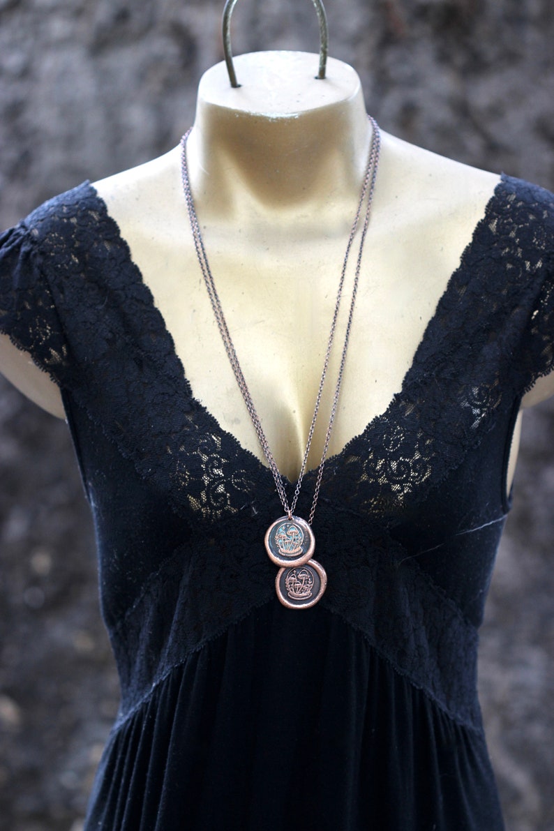 May include: A black lace top with a silver chain necklace featuring two round pendants. The pendants have a copper finish and a design of a tree with leaves.