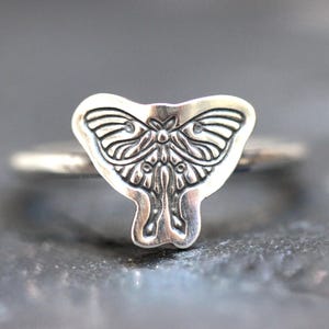 May include: A silver ring featuring a detailed moth design. The moth has outstretched wings and intricate patterns. The ring is set against a dark, textured background, highlighting the ring's metallic sheen.