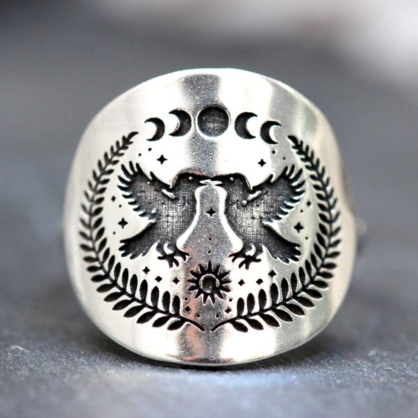 Sterling Silver Raven Ring - Odin’s Ravens - Huginn and Muninn Ring - Raven Jewelry - Norse Mythology Ring - Viking Ring - Celestial Crow