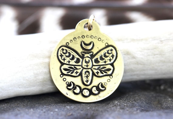 Brass Moon Moth Necklace Gold Color Celestial  Moth Necklace Witch Necklace Witch Jewelry Moon Phase Necklace Mystic Butterfly Pendant