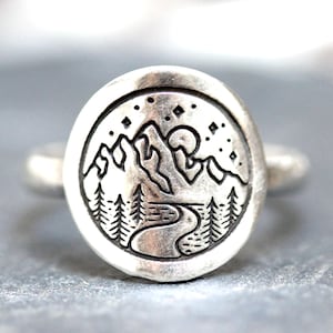 Sterling Silver Mountain Ring Hiking Ring Silver Nature Lover Ring Trail Running Ring Forest Ring Trees River Ring Wilderness Ring Horizon
