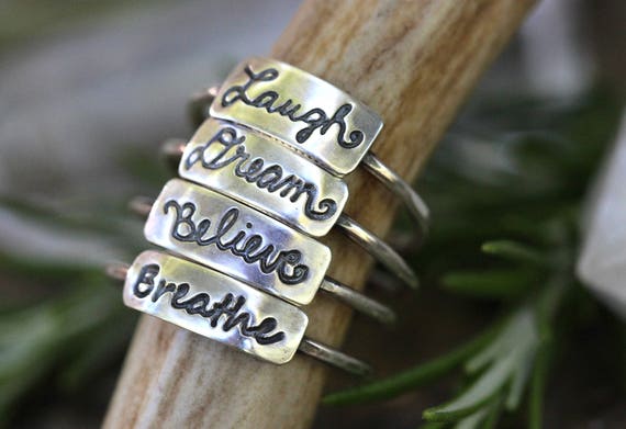 Sterling Silver Word Rings, Motivational Rings, Breathe Ring, Just Breathe, Inspirational Jewelry, Silver Stacking Rings
