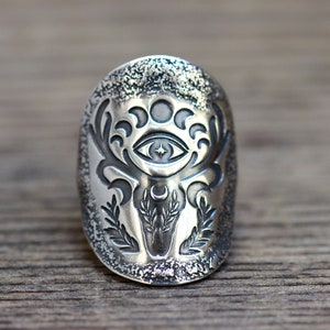 Sterling Silver Deer Ring Shield Ring Evil Eye Ring Deer Skull Ring Silver Moon Phase Ring Celestial Ring Silver Antlers Ring Witch Ring image 8