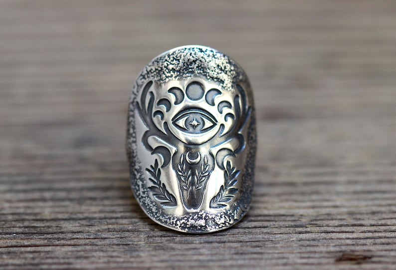 Sterling Silver Deer Ring Shield Ring Evil Eye Ring Deer Skull Ring Silver Moon Phase Ring Celestial Ring Silver Antlers Ring Witch Ring image 8