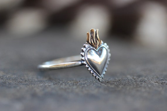 Sacred Heart Ring Sacred Heart Jewelry Heart Milagro Ring Flaming