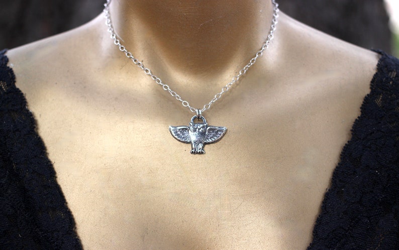May include: A silver chain necklace with an owl pendant. The owl is detailed with wings outstretched and a textured surface.