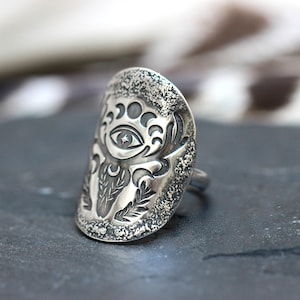 Sterling Silver Deer Ring Shield Ring Evil Eye Ring Deer Skull Ring Silver Moon Phase Ring Celestial Ring Silver Antlers Ring Witch Ring image 9