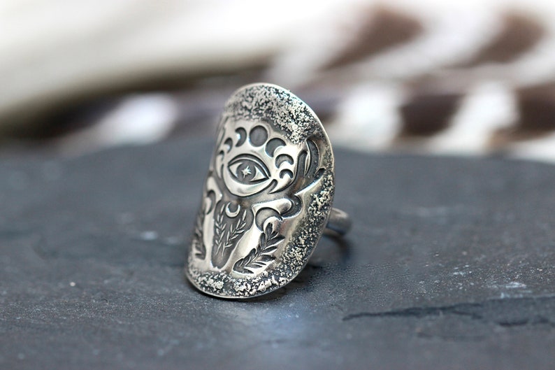 Sterling Silver Deer Ring Shield Ring Evil Eye Ring Deer Skull Ring Silver Moon Phase Ring Celestial Ring Silver Antlers Ring Witch Ring image 9
