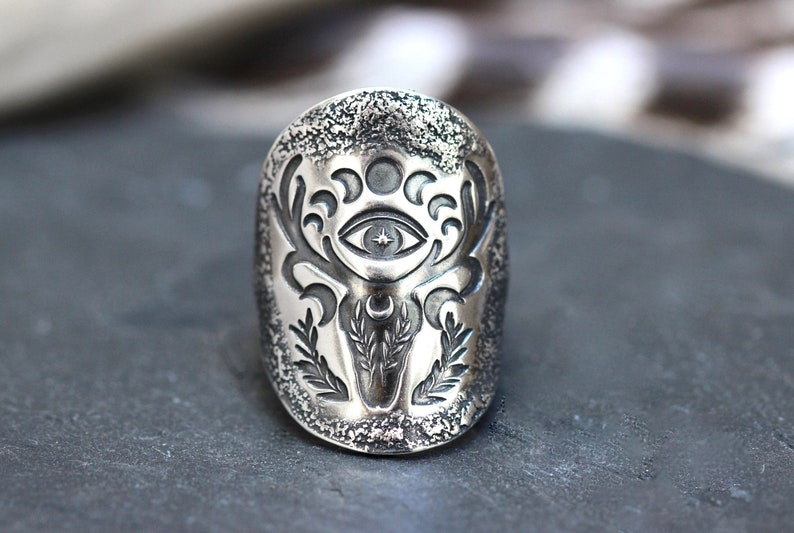 Sterling Silver Deer Ring Shield Ring Evil Eye Ring Deer Skull Ring Silver Moon Phase Ring Celestial Ring Silver Antlers Ring Witch Ring image 1