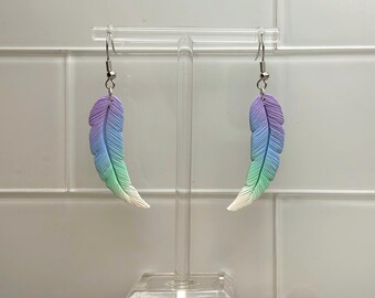 Lavender feather and leather earrings with hints of neon rainbow colors Neon Feather Earrings - Etsy main image 4