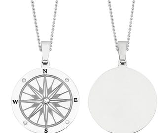 Engravable Nautical Compass Pendant Necklace Personalized Gifts Stainless Steel Personalized Necklace Men or Women Sailor Gift Navigation