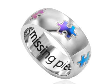 Anel de quebra-cabeça para conscientização do autismo, para homens ou mulheres. Vamos encontrar todas as peças que faltam. Gravado na parte interna da aliança. Anel de aço inoxidável.