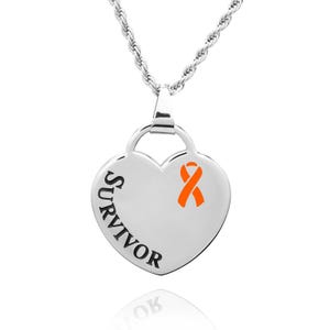 Collar de corazón grabable con lazo naranja para sobrevivientes de cáncer y leucemia. Personalícelo para mujeres y hombres.