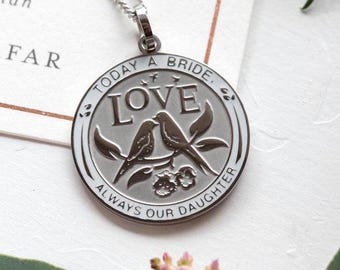 Engraved Stainless Steel Daughter Wedding Pendant: Dove Bridal Necklace