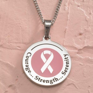 Pink Ribbon Necklace: Steel Cancer Awareness Pendant, Engraved Inspirational Gift