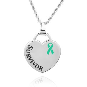 Engravable Teal Ribbon Heart Necklace: Ovarian Cancer Survivor Gift
