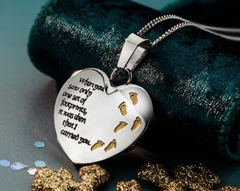 Engraved Footprints in the Sand Heart Pendant - Stainless Steel Christian Necklace