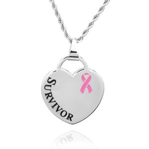 Pink Ribbon Heart Necklace: Engraved Survivor Pendant, Breast Cancer Awareness