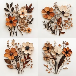 May include: Four arrangements of paper flowers in shades of brown and cream. Each arrangement features a variety of flower shapes and sizes, with delicate stems and leaves.