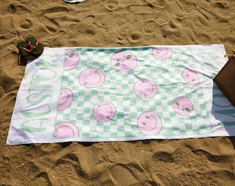 Toalha de praia personalizada Retro Smile | Toalha de praia personalizada | Presente de aniversário infantil | Toalha de piscina personalizada | Toalha de praia para meninas | Presente de aniversário